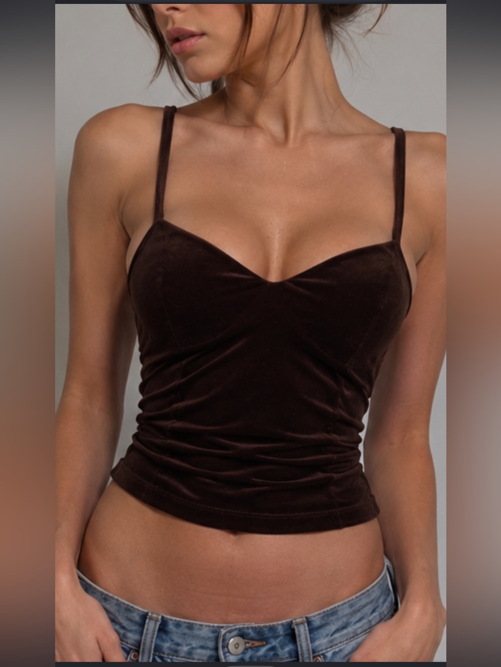VTG Y2K One Step Up Brown Velvet Camisole Top Underwire Built-In Bra Medium